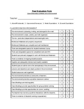 Preview of Peer Evaluation Form - Upper Elementary and Middle School Montessori Evironment