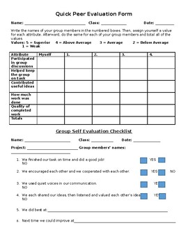 Preview of Peer Evaluation and Group Self Evaluation Checklist