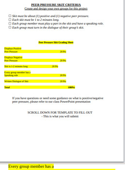 Preview of Peer Pressure Skit Project- Rubric Included-Easy to post & use!