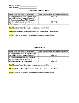 Preview of Peer-Review Textual Evidence Checklist for Argumentative Writing