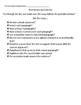 Peer Revise and Edit Checklist by Kristen Ingram | TPT