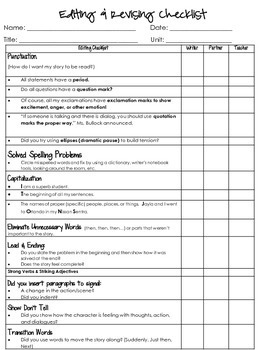 Peer & Self Editing Checklist for Writing Narrative by The Literacy Loft