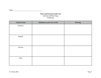 Preview of Pelvic and Pectoral Girdle Vocabulary Memorization Sheet