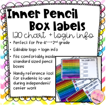 Preview of PENCIL BOX LABEL - INNER | LOGIN CARD | 100'S CHART | 120'S CHART | EDITABLE