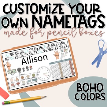 Preview of Pencil Box Name Tags Boho Colors Fully Customizable Editable
