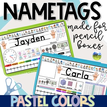 Preview of Pencil Box Name Tags Pastel Colors For Primary Students Multiple Options