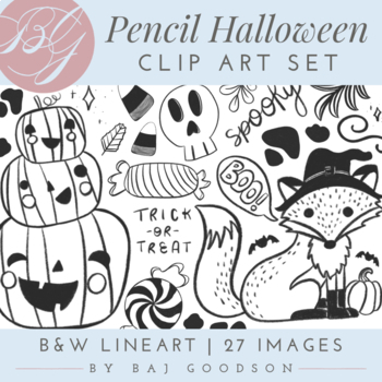 Preview of Pencil Halloween Clip Art | Cute B&W Hand Drawn Textured Line Art PNG Set