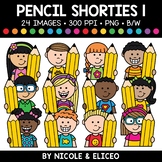 Pencil Kid Shorties Clipart 1 + FREE Blacklines - Commercial Use