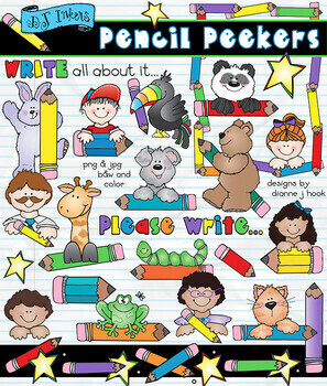 Preview of Pencil Pals Clip Art - Cute Peek-Over Designs by DJ Inkers - Kids, Animals
