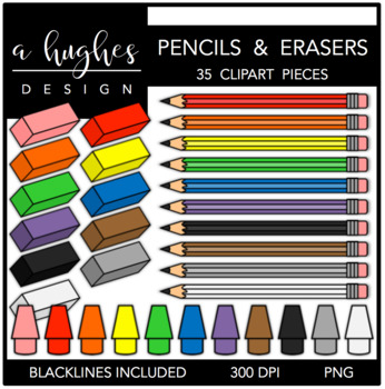 Pencils & Erasers Clipart by Ashley Hughes Design | TPT