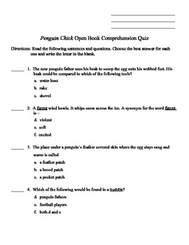 Penguin Chick Open Book Comprehension Quiz by Loving 3rd Grade | TpT