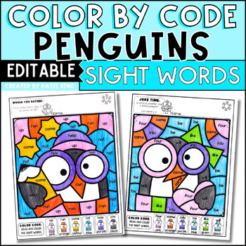 Preview of Penguin Color by Sight Word Practice Editable