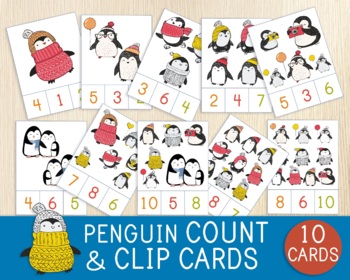 Preview of Penguin Count & Clip Cards, Numbers 1-10, Counting Cards, Winter, Montessori