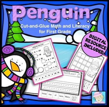Preview of Penguin Math and Literacy Worksheets First Grade with Boom™ Cards