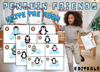 Preview of Penguin Friends Write the Room | Editable | Sight or Description Words | B&W