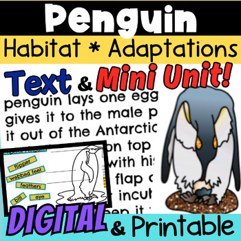 Preview of Penguin ADAPTATIONS Habitat Life Cycle TEXT Research Notebook Vocabulary Digital