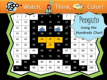 Preview of Penguin Hundreds Chart Fun - Watch, Think, Color Game!