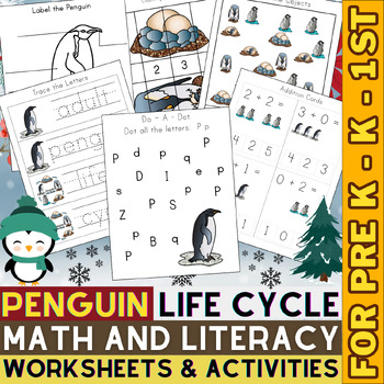 Preview of Penguin Math and Literacy Worksheets | Winter Activity | Life Cycle K, 1st, 2nd