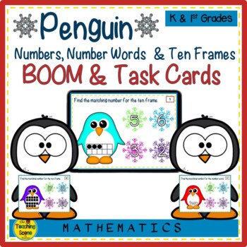 Preview of Penguin Numbers, Number Words & Ten Frames BOOM & Task Cards Match Game