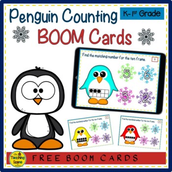 Preview of Penguin Numbers & Ten Frames BOOM Cards Match Game {FREE}