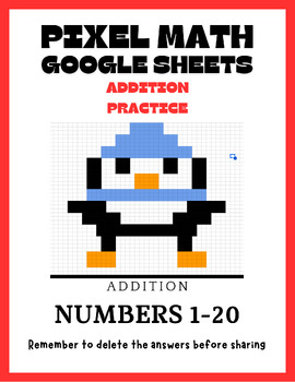 Preview of Penguin Pixel Art Math-- Addition Sums Up to 20