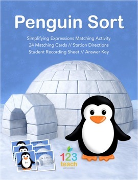 Preview of Penguin Sort - Simplify Algebraic Expressions Matching Activity / Task Cards