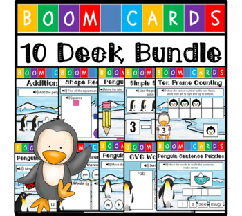 Preview of Penguin Themed Boom Cards - Math and Language Arts Bundle (10 Decks)