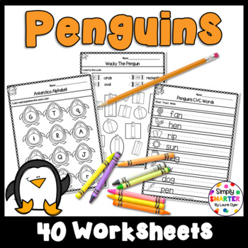 Preview of Penguin Themed Kindergarten Math and Literacy Worksheets & Activities