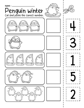 Penguin Winter number 1-5 Cut and Paste Match to 5 Printables Worksheets