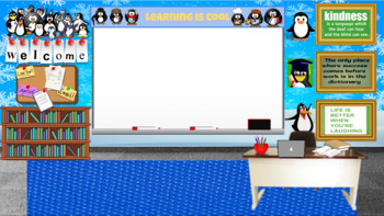 Preview of Penguin themed, "Learning is cool," virtual classroom background