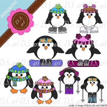Preview of Penguins Digital Clipart (color and black&white)