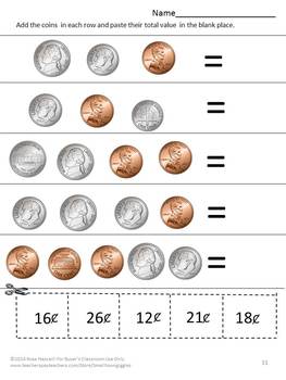 Coin Counting Identifying Coins Cut and Paste Activities Kindergarten