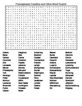 Pennsylvania Counties and Cities Crossword Word Search w/KEYS TpT