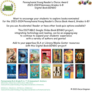 Preview of Pennsylvania YRC 2023-2024 Book Nominees Gr6-8 Digital Book BINGO