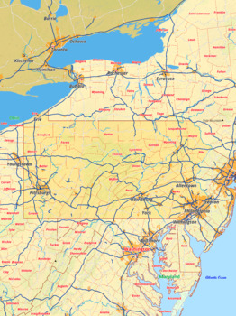 Preview of Pennsylvania map with cities township counties rivers roads labeled