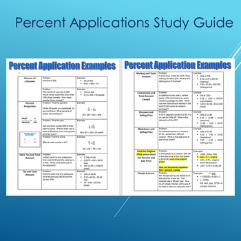 Preview of Percent Applications Directions and Examples--Study Guide for Percents