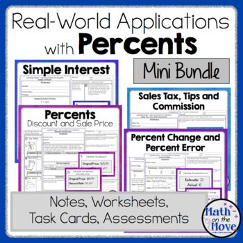 Preview of Percent Applications - Notes, Task Cards, Worksheets, and Assessment