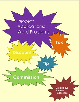 Preview of Percent Applications: Tax, Tip, Discount, Commission Word Problems