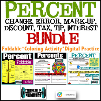 Preview of Percent BUNDLE: notes, practice, quiz (change, error, mark-up, discount etc)