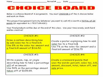 Preview of Percent Choice Board