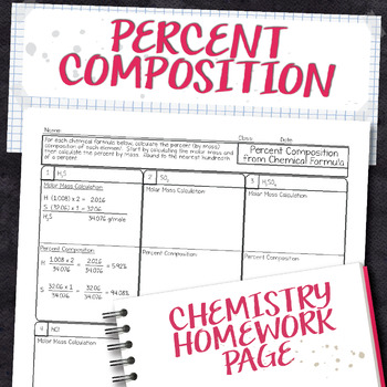 Percent Composition from Chemical Formula Chemistry Homework Worksheet