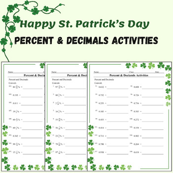 Preview of Percent & Decimals (Conversions) Activities St Patrick's Day Math Worksheet