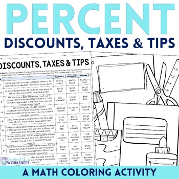 Preview of Percent Discount, Taxes and Tips Math Activity | Coloring Worksheet