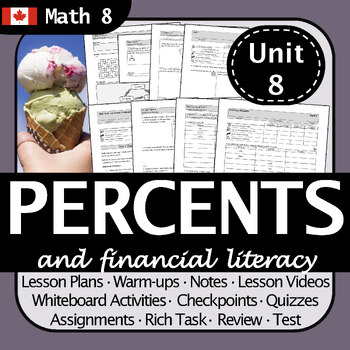 Preview of BC Math 8 Percent & Financial Literacy Unit: Engaging Lessons & Real-World PBL