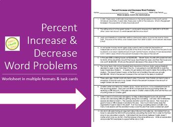 Preview of Percent Increase and Decrease Word Problems Worksheet & Task Cards