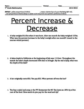 Percent Increase and Percent Decrease Word Problems 7.RP.3  TpT