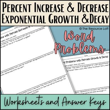 Preview of Percent Increase or Decrease Exponential Growth & Decay Word Problems Worksheet