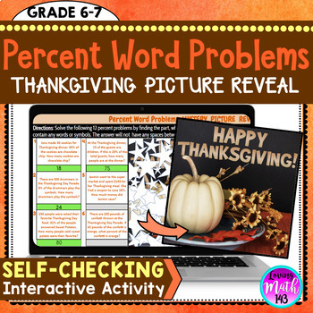 Preview of Percent Part and Whole Thanksgiving Word Problems Mystery Reveal 