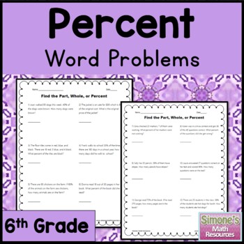 percent part and whole word problem worksheets by simone