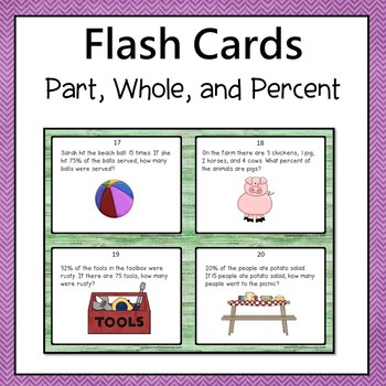Preview of Part, Whole, and Percent Word Problems Flash Cards or Task Cards 6th Grade
